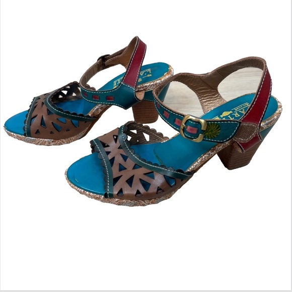 L'Artiste Acela Leather Open Toe Sandal 38 Cut Out Heels Boho Artsy Festival 90s - Picture 10 of 11